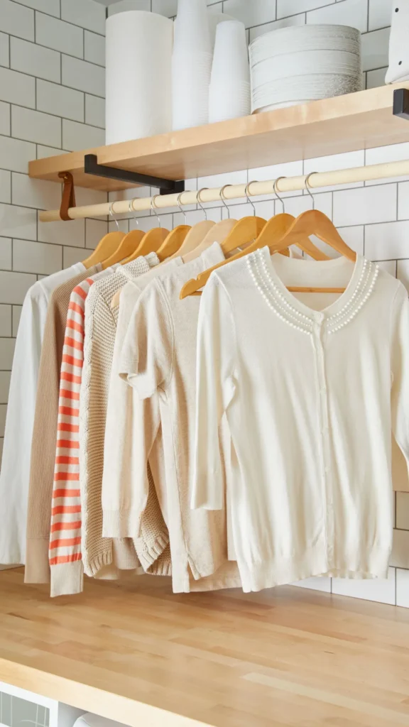 japandi laundry room ideas warm wood hanging rail air drying shirts 2026