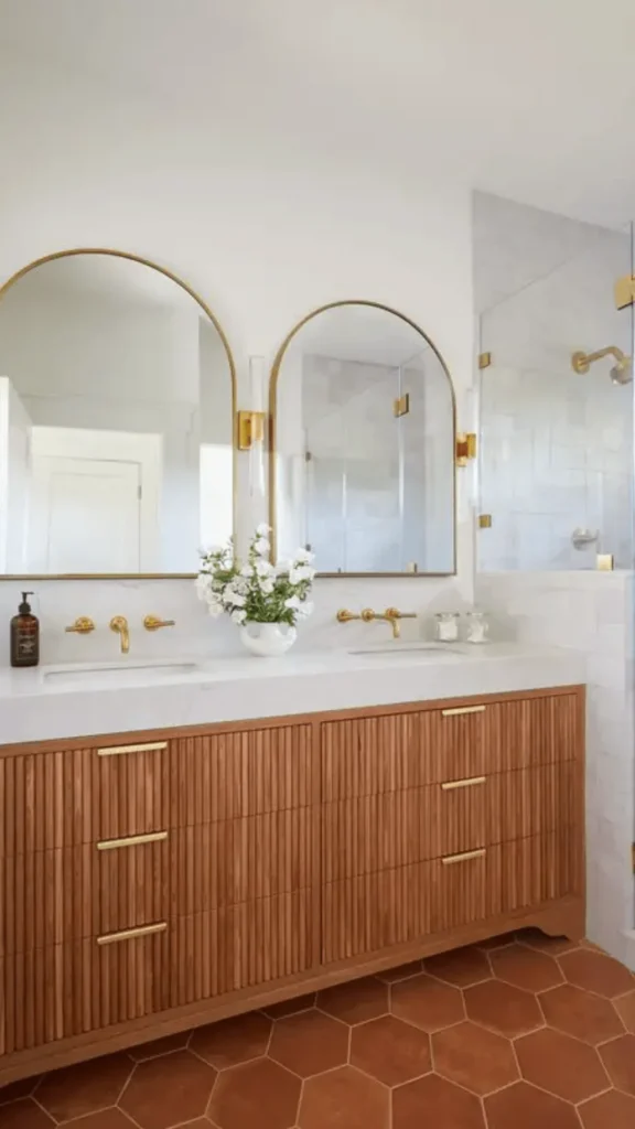 organic modern powder room ideas zellige terracotta feature wall 2026