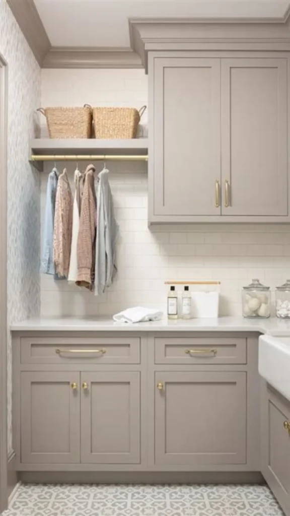 japandi laundry room ideas warm brass drawer pulls cabinetry 2026
