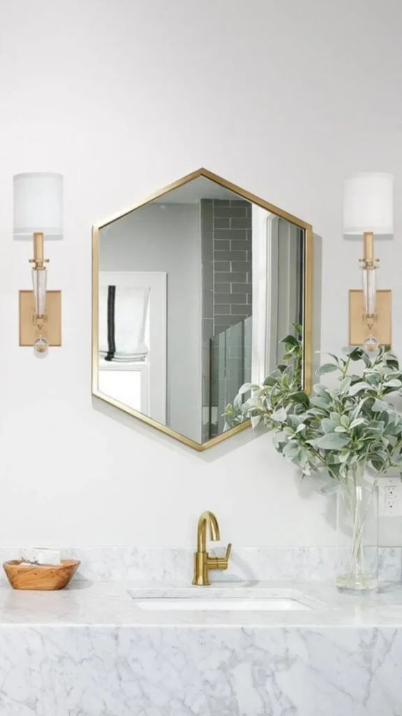 organic modern powder room ideas sculptural wall sconce beside mirror 2026