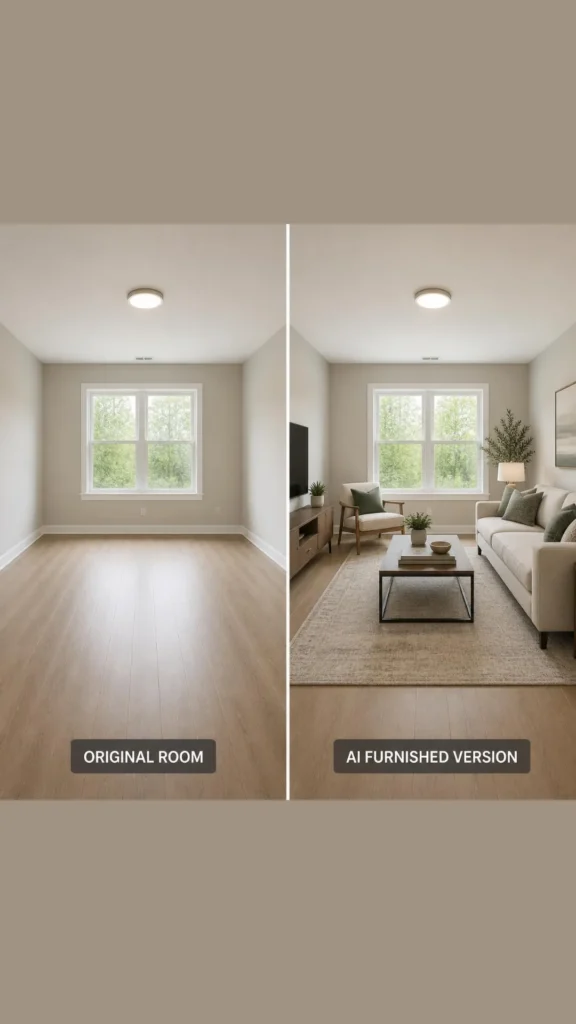 ai interior design ideas side by side empty room furnished version comparison 2026