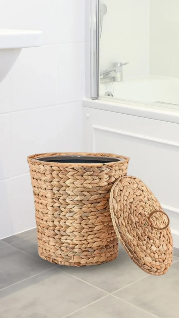 organic modern powder room ideas woven rattan waste basket corner 2026