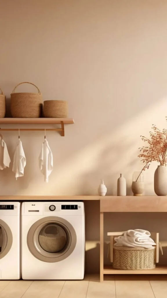 japandi laundry room ideas wood bench folding seated 2026