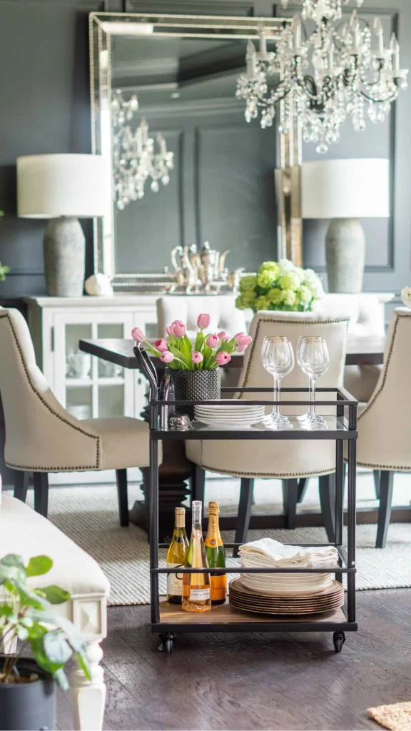 organic modern dining room ideas wood bar cart glassware nearby 2026
