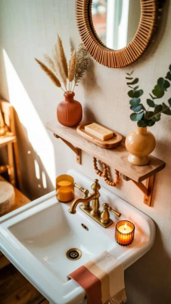 organic modern powder room ideas dried botanical ceramic vessel shelf 2026