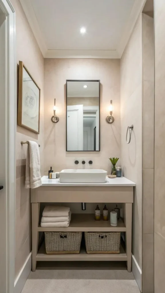 organic modern powder room ideas scented candle fixed styling shelf 2026