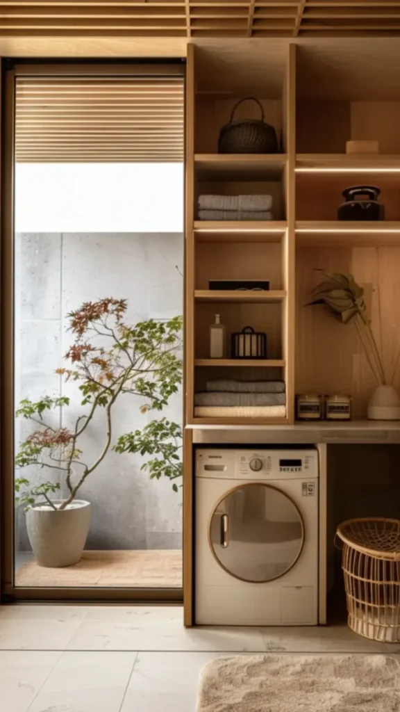 japandi laundry room ideas concealed pull out bins cabinetry 2026