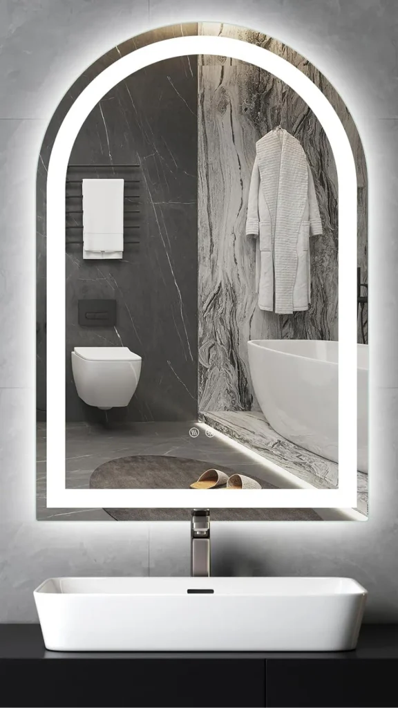 curved mirror ideas arch mirror above bathtub warm light 2026