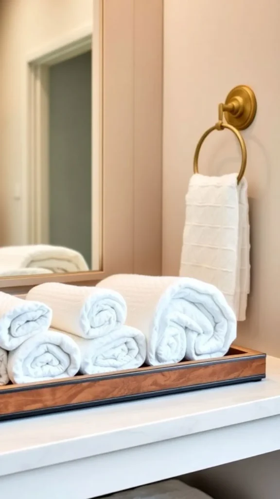 organic modern powder room ideas rolled linen hand towel wood tray 2026