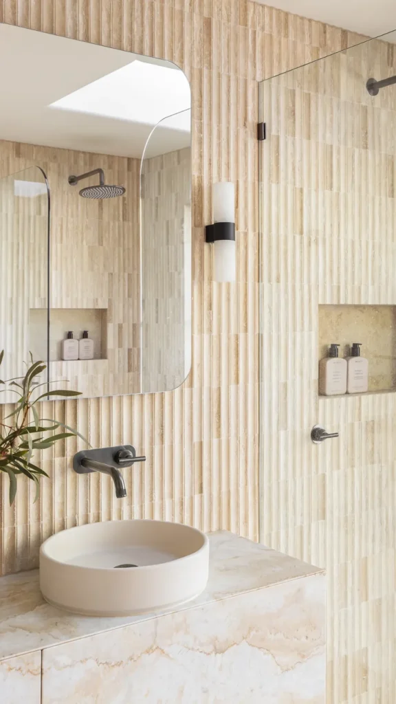 organic modern powder room ideas floor to ceiling travertine tile wrapped 2026