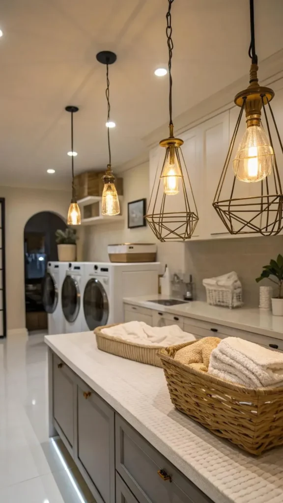 japandi laundry room ideas consistent warm amber lighting pendant overhead 2026