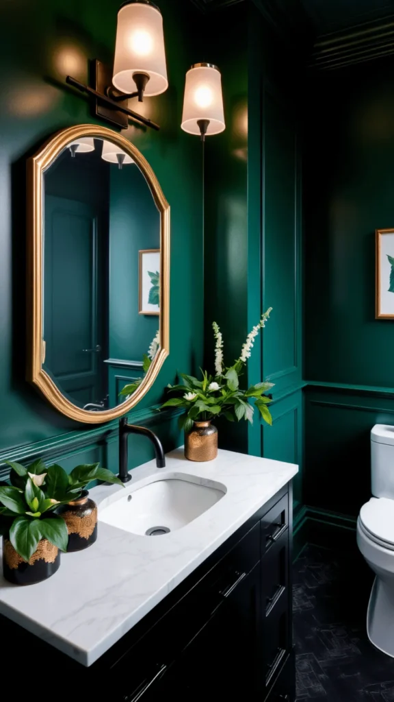organic modern powder room ideas dark forest green enveloping every surface 2026