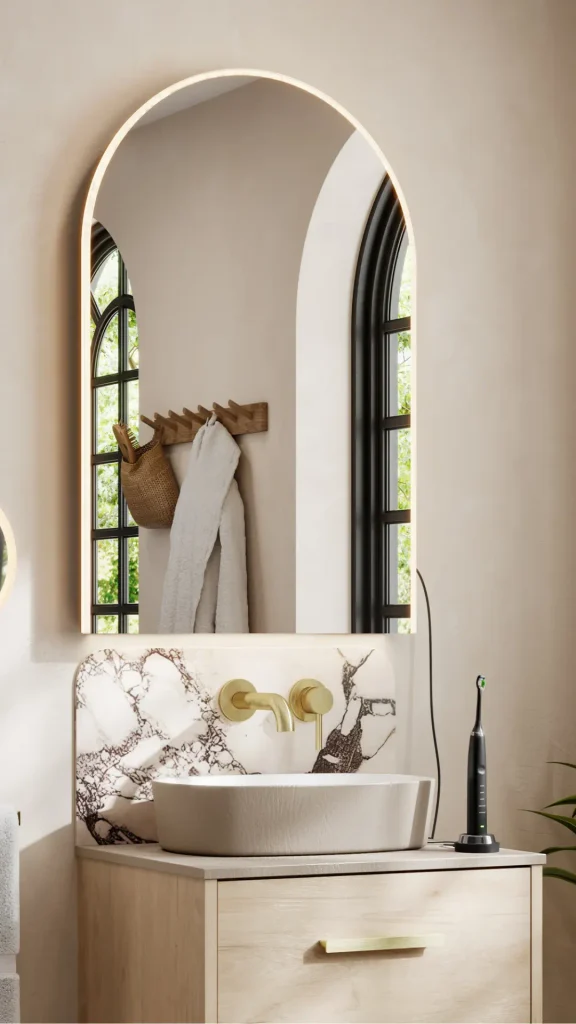curved mirror ideas LED edge warm lighting bathroom mirror 2026