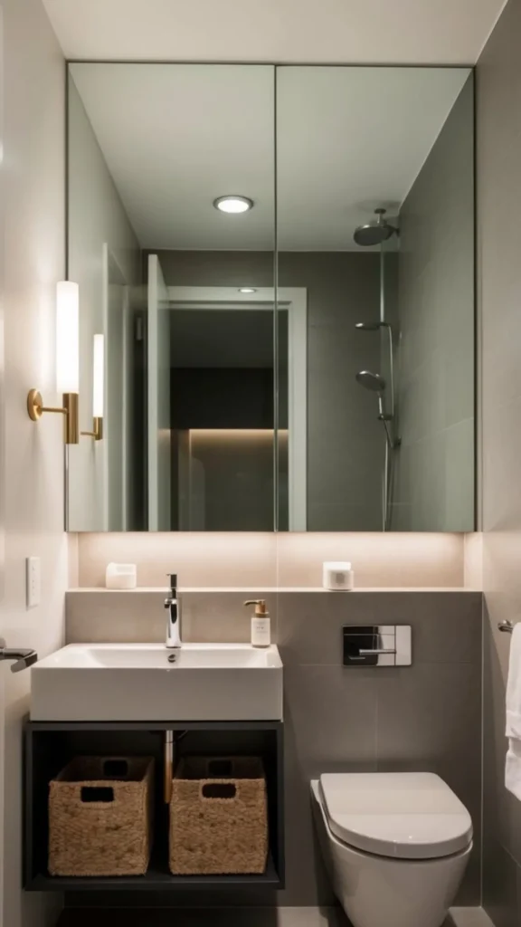 organic modern powder room ideas flush wood panel concealed storage 2026