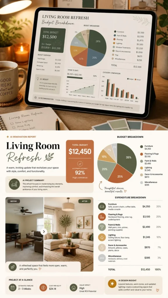 ai interior design ideas renovation budget breakdown living room 2026