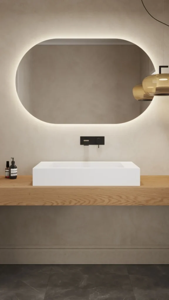 organic modern powder room ideas warm oak floating shelf basin no cabinet 2026