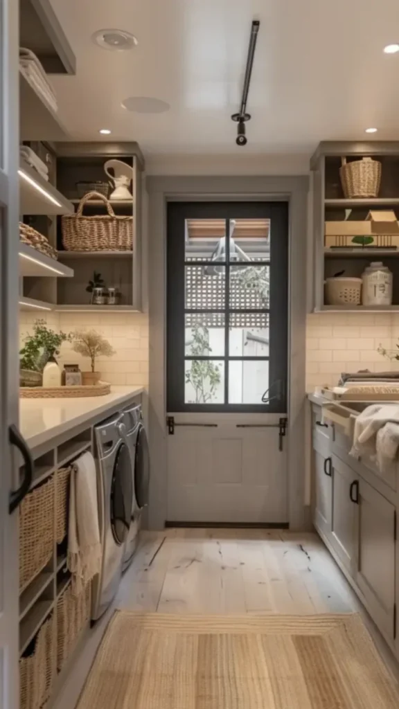 japandi laundry room ideas woven seagrass baskets plastic bins replaced 2026