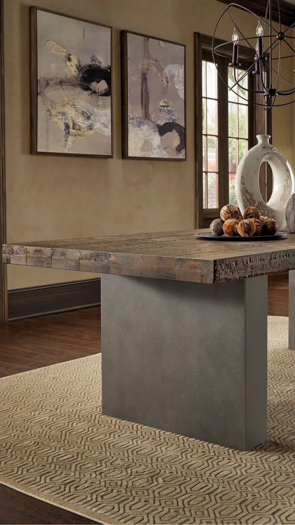 organic modern dining room ideas stone concrete table top wood legs 2026