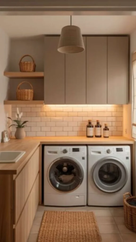 japandi laundry room ideas butcher block folding counter above dryer 2026