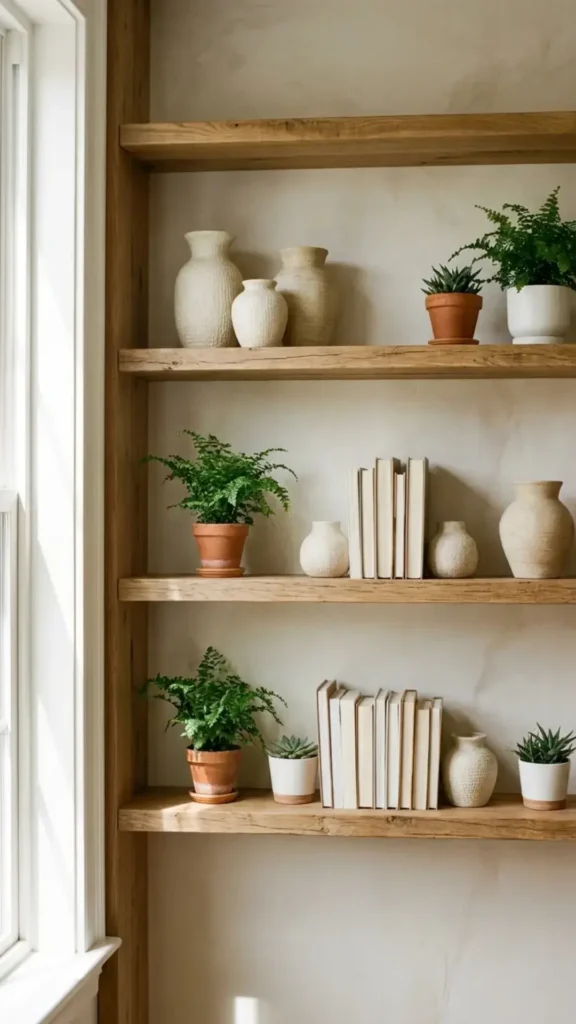 organic modern home office ideas open wood shelving books ceramics 2026