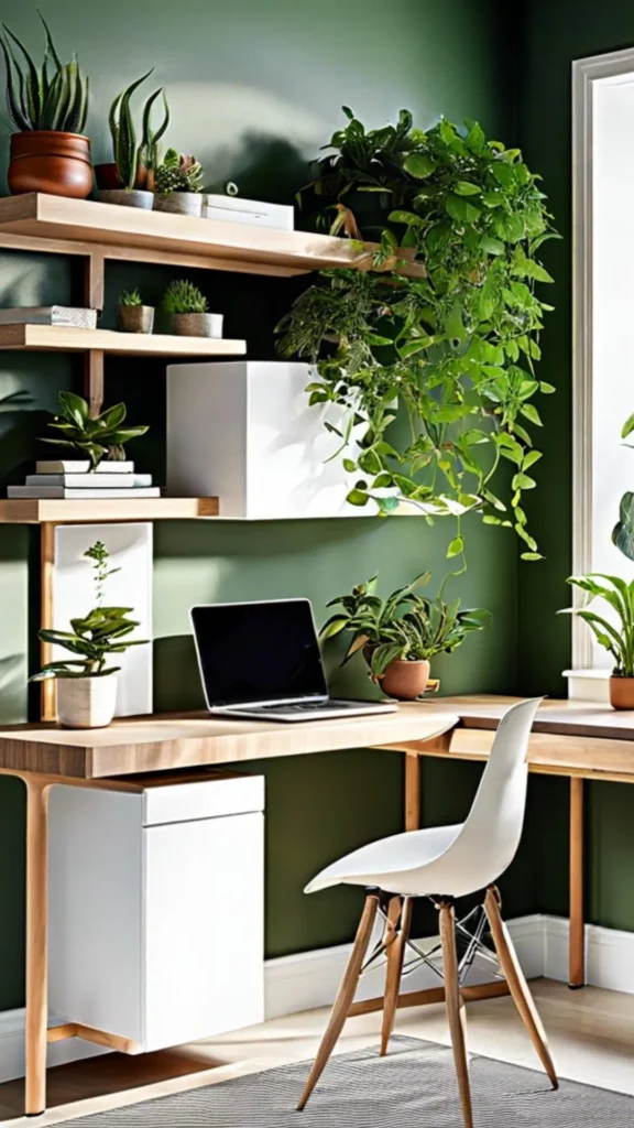 organic modern home office ideas statement plant beside desk natural light 2026