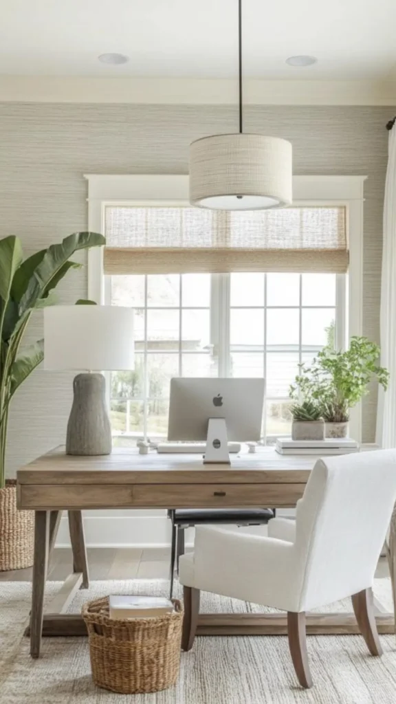 organic modern home office ideas jute wool rug beneath desk 2026