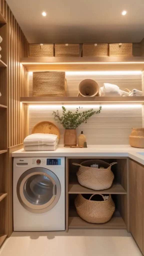 japandi laundry room ideas open wood shelving decanted detergent folded linens 2026