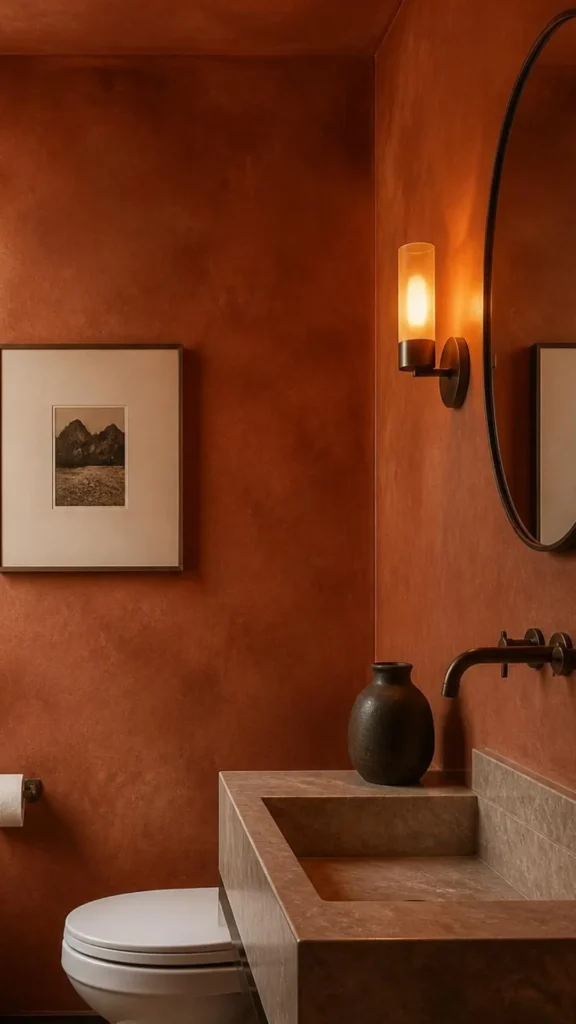 organic modern powder room ideas terracotta lime wash walls textured 2026
