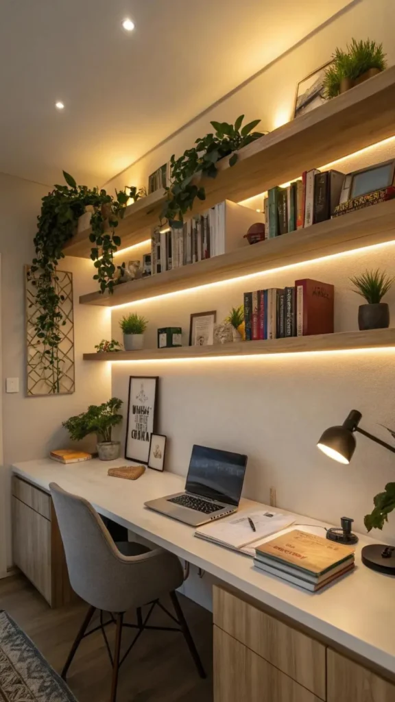 organic modern home office ideas video call backdrop styled shelf 2026