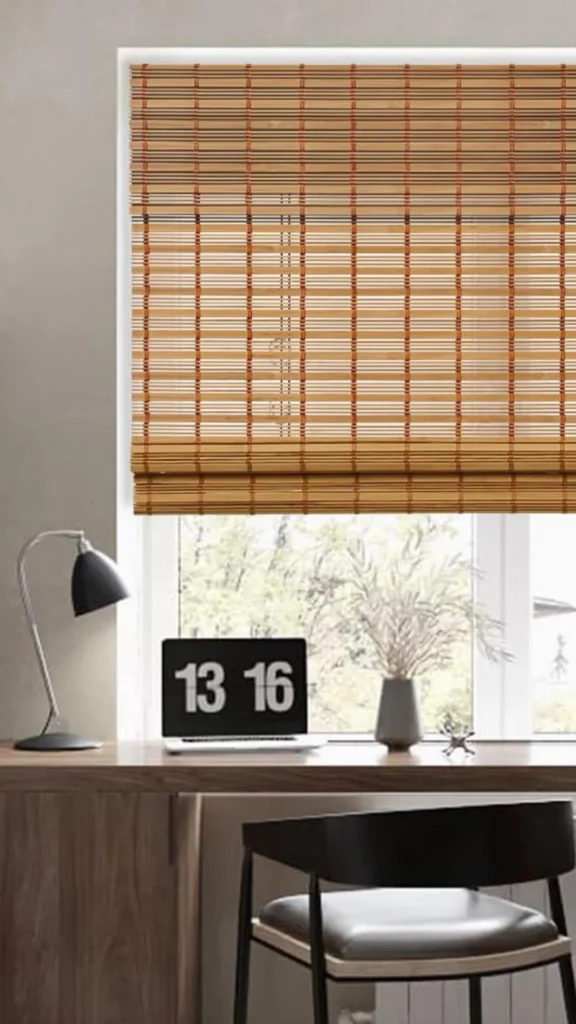 organic modern home office ideas woven bamboo blinds warm light 2026