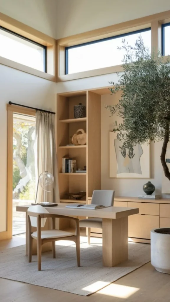 organic modern home office ideas flush panel concealed storage 2026