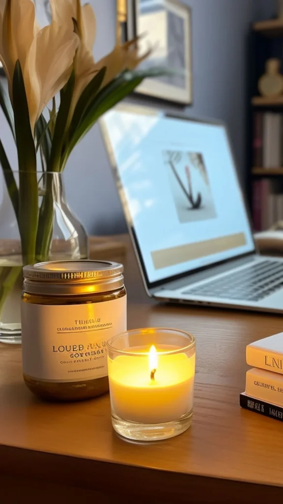 organic modern home office ideas cedarwood candle desk work ritual 2026