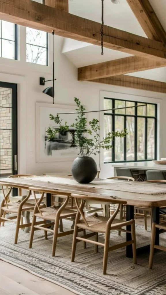 organic modern dining room ideas low wood sideboard styled ceramics 2026