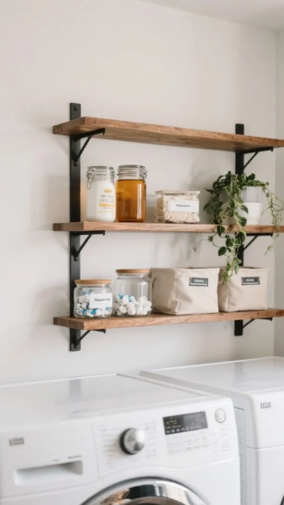 japandi laundry room ideas handmade ceramic detergent containers decanted shelf 2026