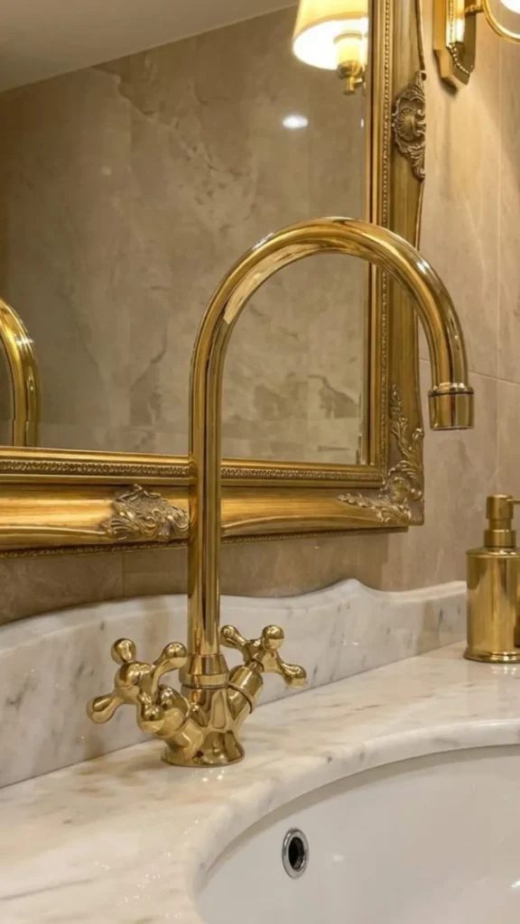organic modern powder room ideas unlacquered brass tap hardware patina 2026