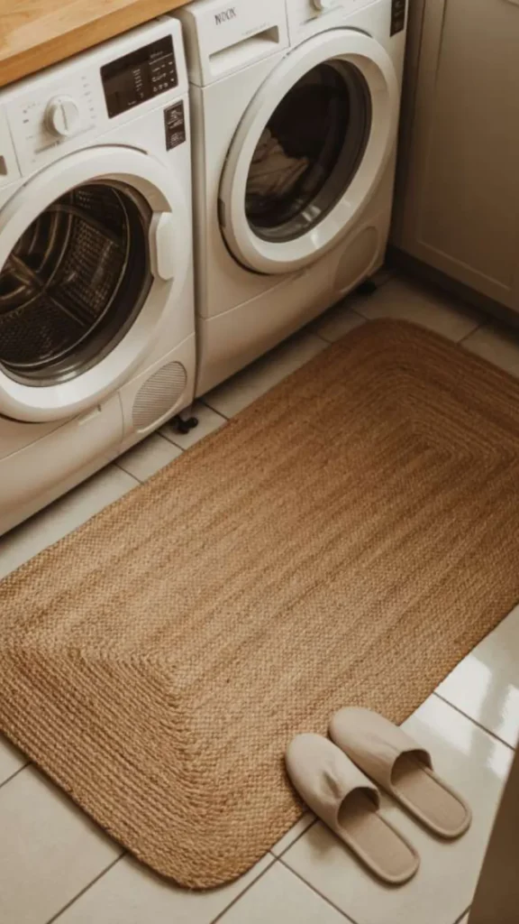 japandi laundry room ideas jute floor mat sink warm 2026