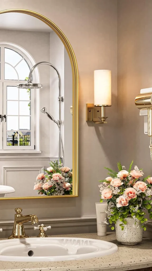 organic modern powder room ideas oversized arch mirror wall 2026