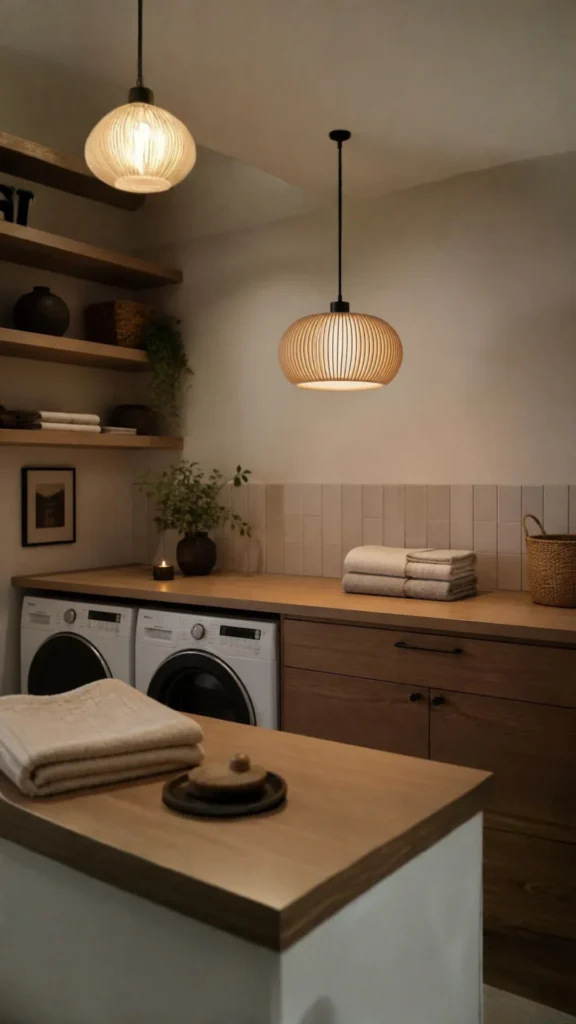 japandi laundry room ideas warm pendant light folding counter 2026
