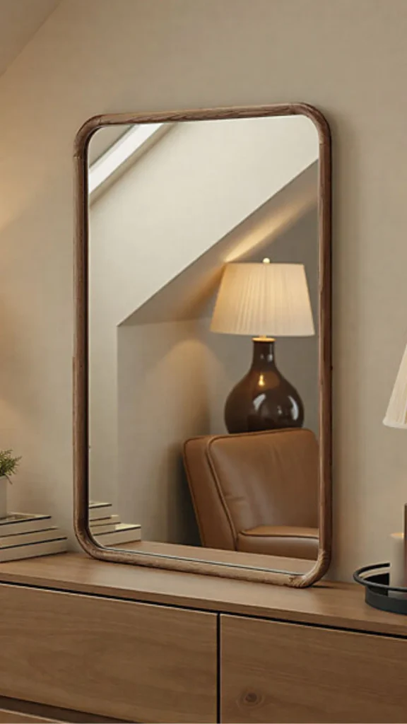 curved mirror ideas warm oak frame curved mirror bedroom 2026