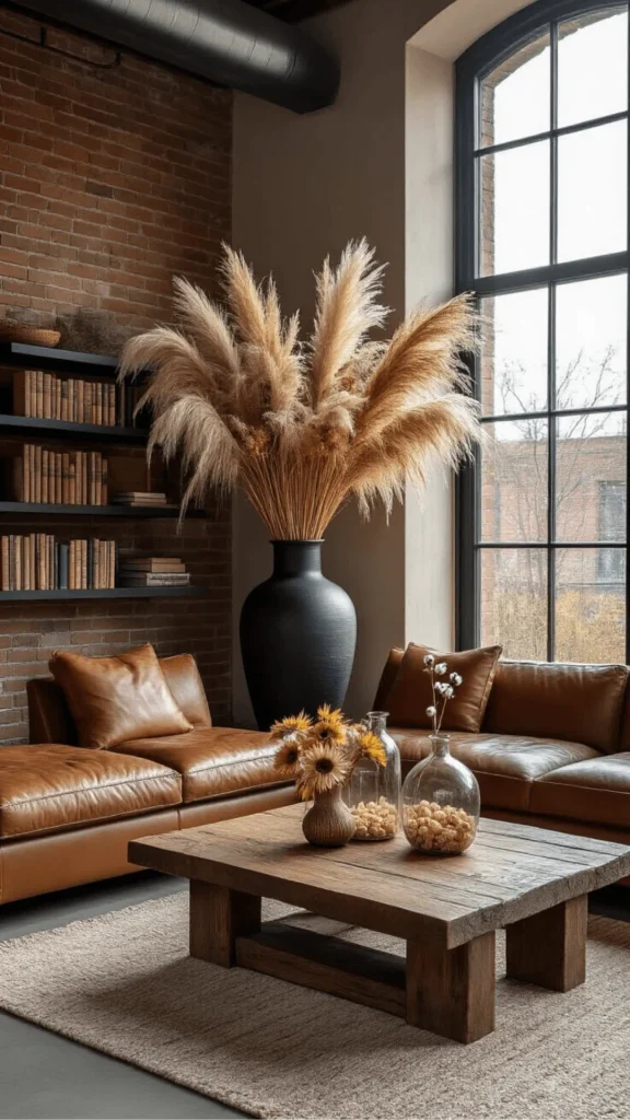 grey boho living room ideas dried pampas grass ceramic vessel shelf 2026