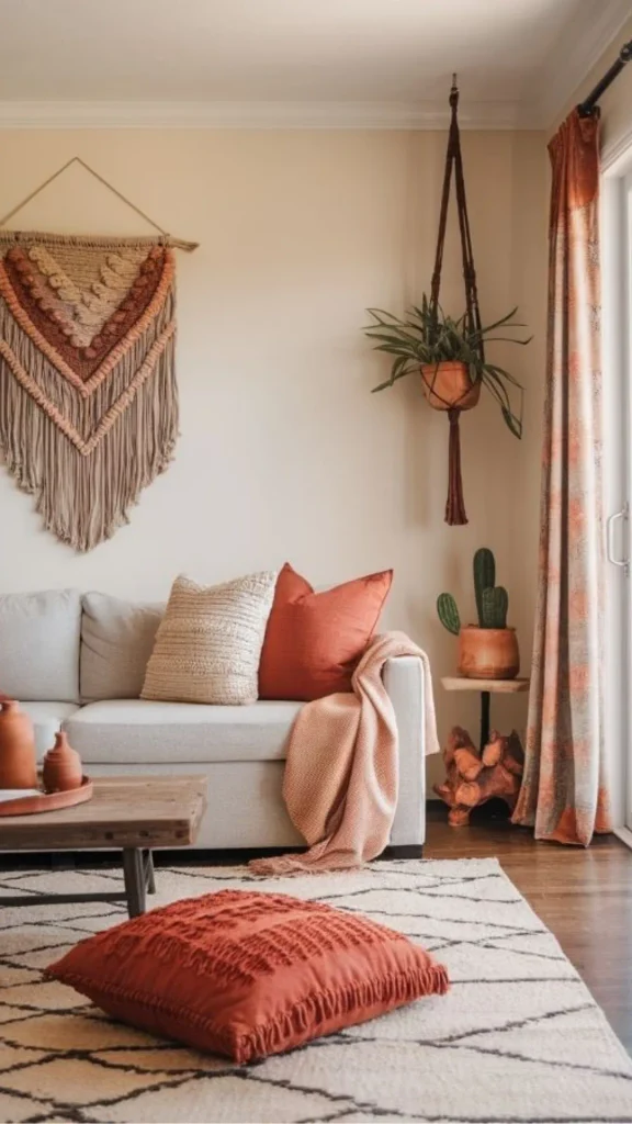 grey boho living room ideas grey walls terracotta accent piece 2026