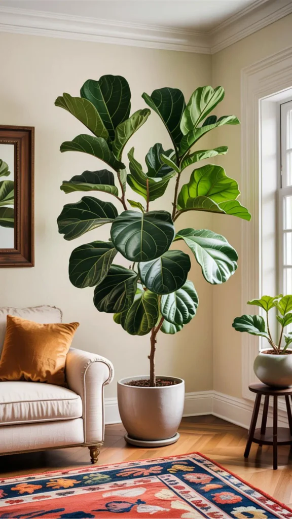 grey boho living room ideas fiddle leaf fig plant grey walls 2026