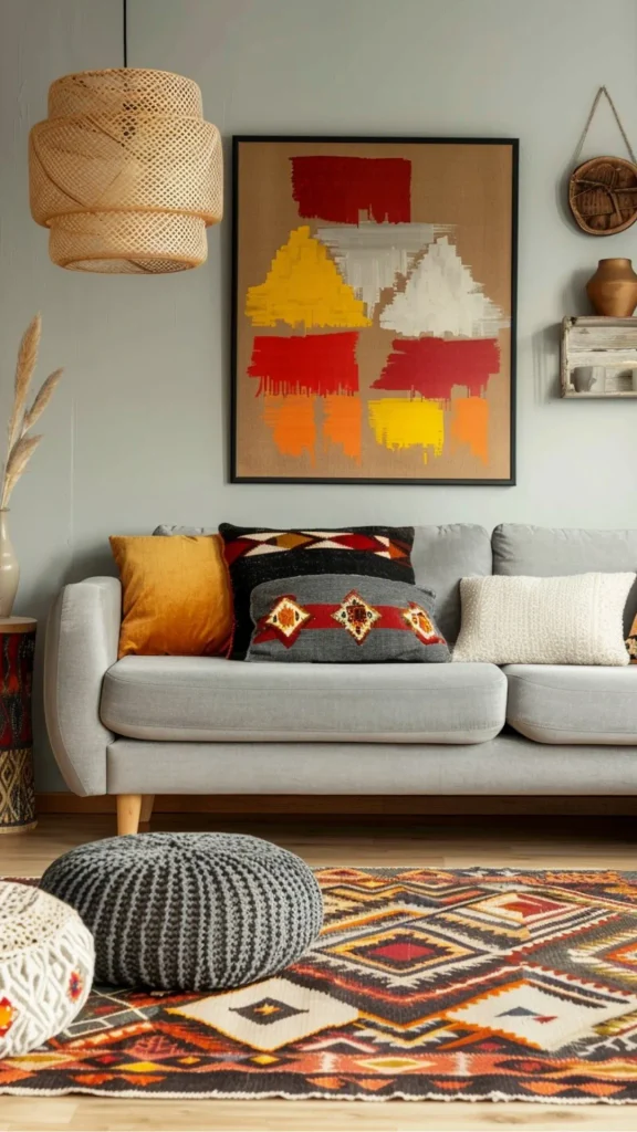 grey boho living room ideas vintage leather chair grey sofa 2026