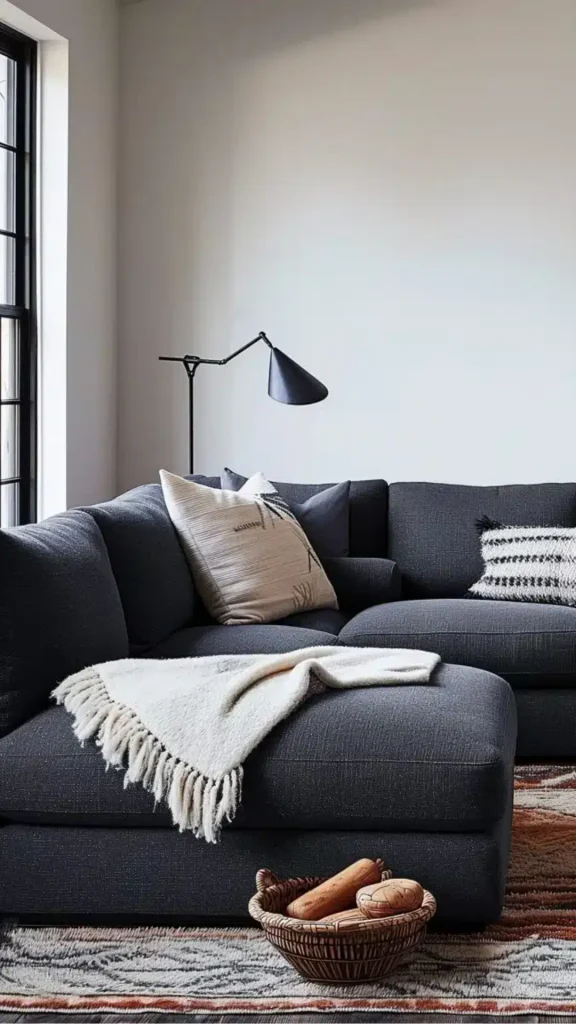 grey boho living room ideas patterned kilim cushions grey sofa 2026