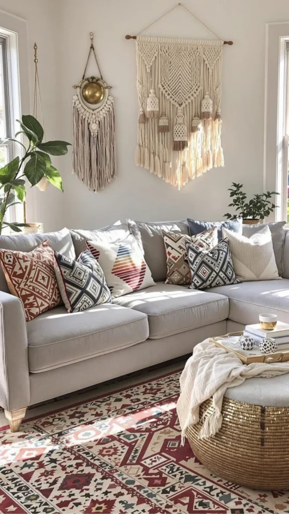 grey boho living room ideas warm grey linen sofa rust cushions 2026