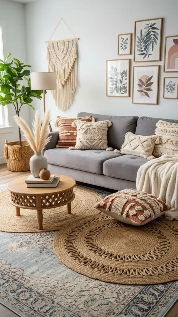 grey boho living room ideas maintained rattan linen textiles 2026