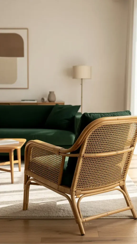 grey boho living room ideas rattan armchair grey walls 2026