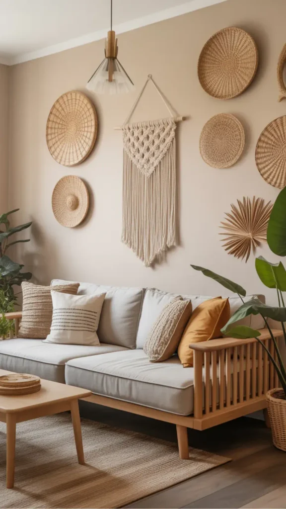 grey boho living room ideas gallery wall wood frames woven wall 2026