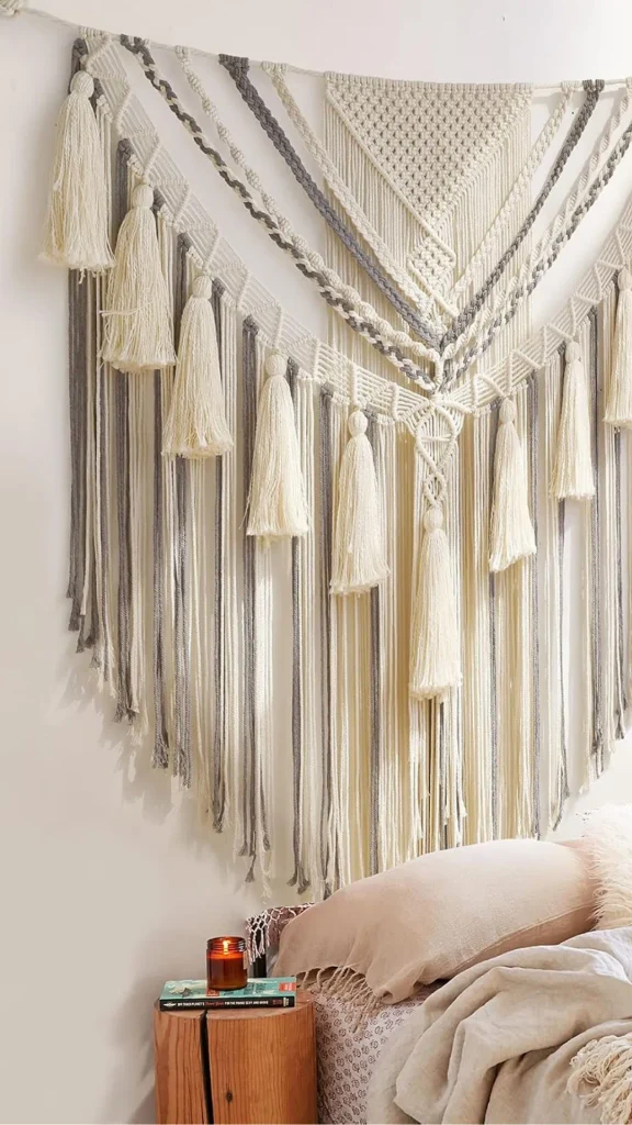 grey boho living room ideas macrame wall hanging grey wall 2026