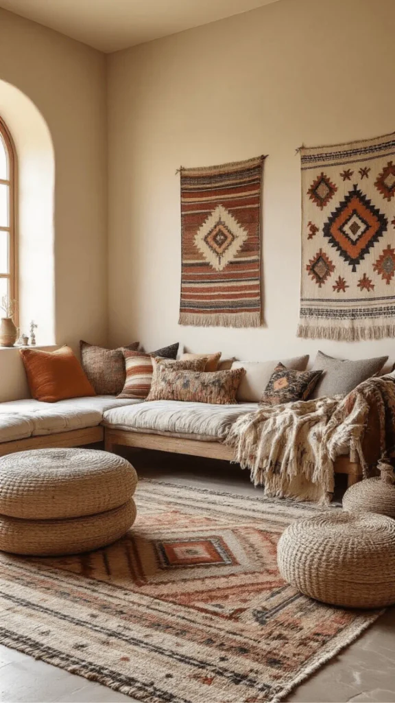 grey boho living room ideas vintage kilim rug grey flooring 2026
